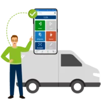 Mensch vor einem Auto, mit der grafischen Darstellung eines Smartphones mit unserer App.