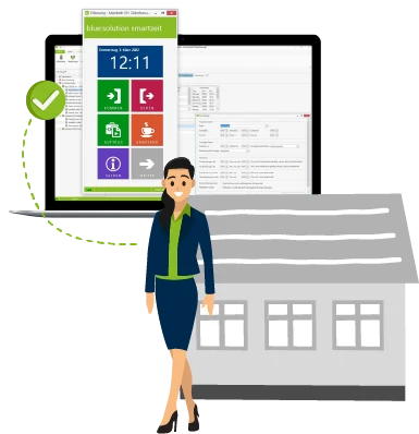 Comic Frau vor einem Haus und der grafischen Darstellung unserer Zeiterfassung Software.