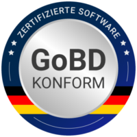 Siegel mit deutschland Farben und den Texten "GoBD KONFORM" und "Zertifizierte Software". Zusätzlich vier Sternchen. Für unsere Zeiterfassung Software.